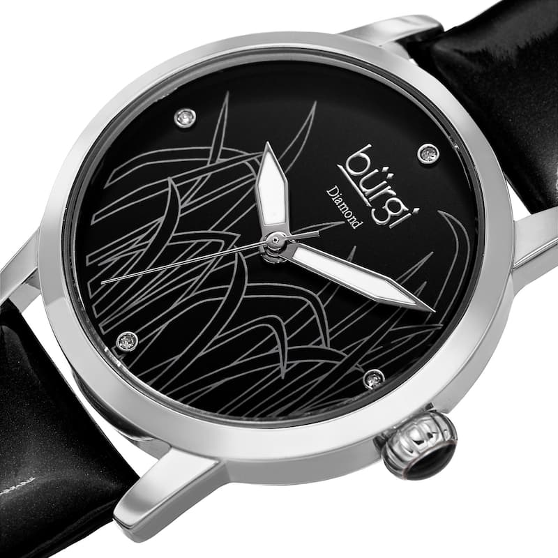 Burgi Women's Diamond Reed Design Dial Silver-Tone/ Black Leather Strap Watch