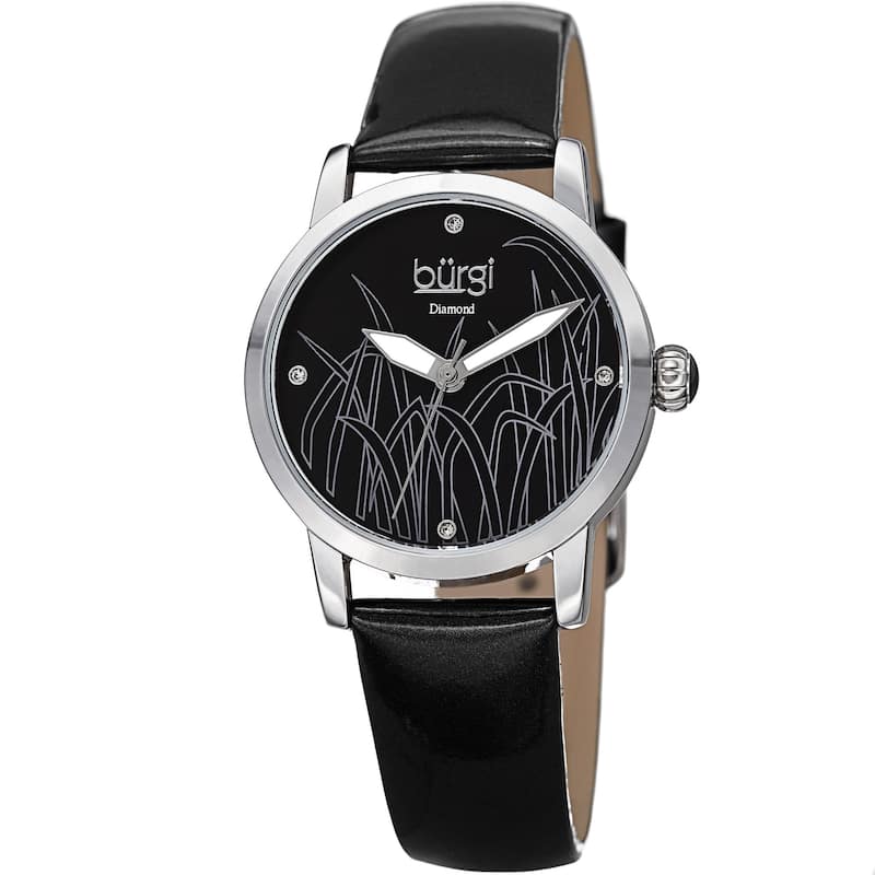 Burgi Women's Diamond Reed Design Dial Silver-Tone/ Black Leather Strap Watch