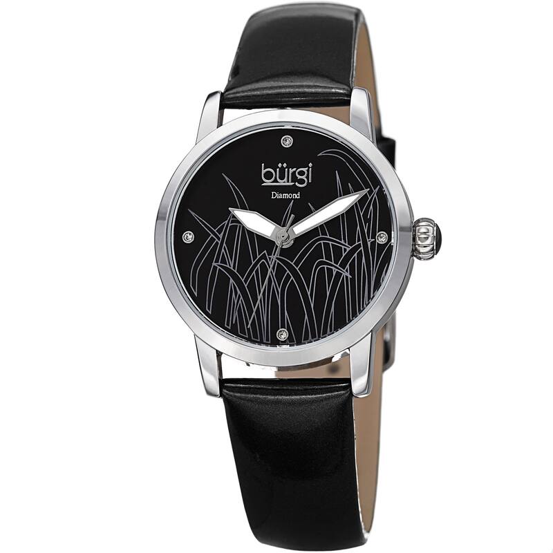 Burgi Women's Diamond Reed Design Dial Silver-Tone/ Black Leather Strap Watch