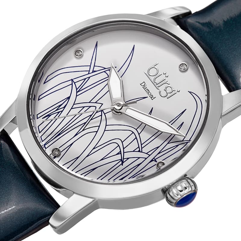 Burgi Women's Diamond Reed Design Dial Silver-Tone/ Blue Leather Strap Watch
