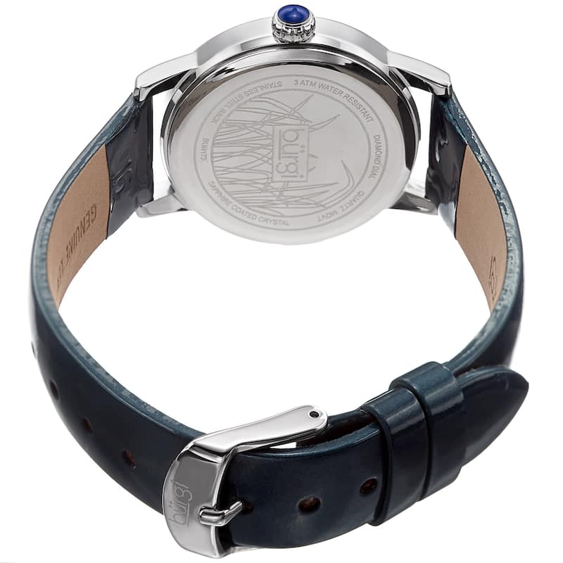 Burgi Women's Diamond Reed Design Dial Silver-Tone/ Blue Leather Strap Watch