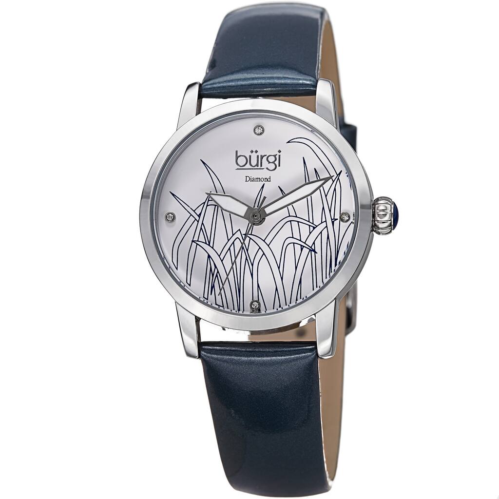 Burgi Women's Diamond Reed Design Dial Silver-Tone/ Blue Leather Strap Watch