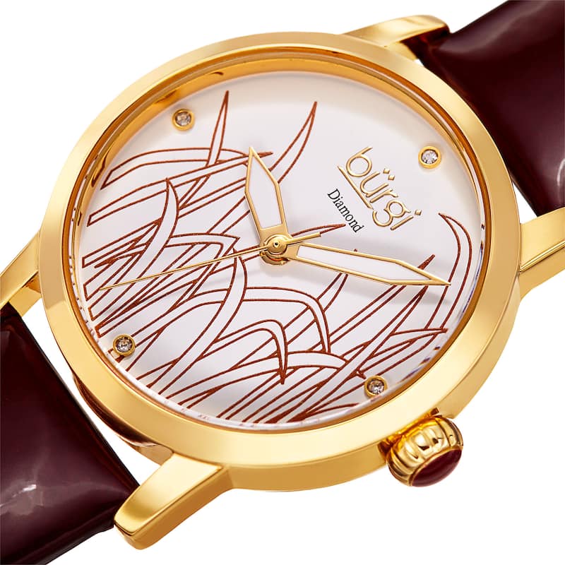 Burgi Women's Diamond Reed Design Dial Gold-Tone/Burgundy Leather Strap Watch