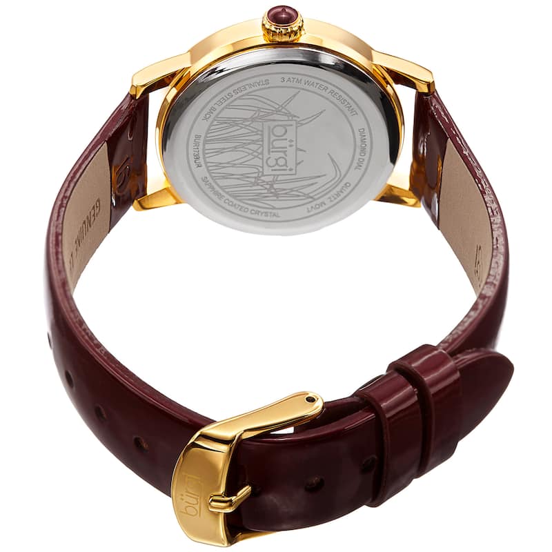Burgi Women's Diamond Reed Design Dial Gold-Tone/Burgundy Leather Strap Watch