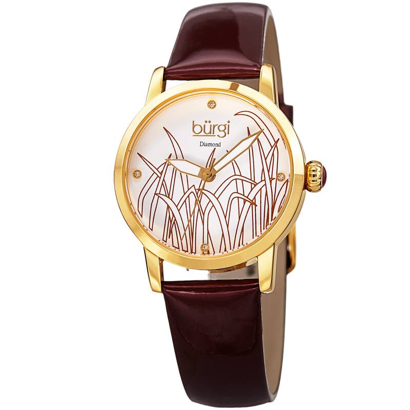 Burgi Women's Diamond Reed Design Dial Gold-Tone/Burgundy Leather Strap Watch