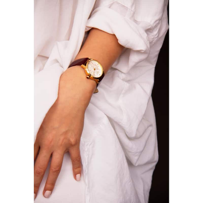 Burgi Women's Diamond Reed Design Dial Gold-Tone/Burgundy Leather Strap Watch