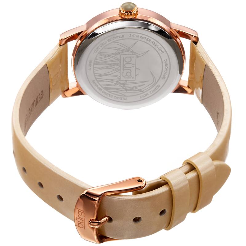 Burgi Women's Diamond Reed Design Dial Rose-Tone/Cream Leather Strap Watch