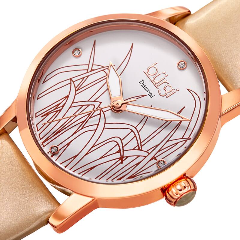 Burgi Women's Diamond Reed Design Dial Rose-Tone/Cream Leather Strap Watch