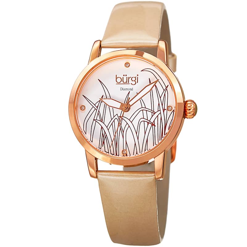 Burgi Women's Diamond Reed Design Dial Rose-Tone/Cream Leather Strap Watch