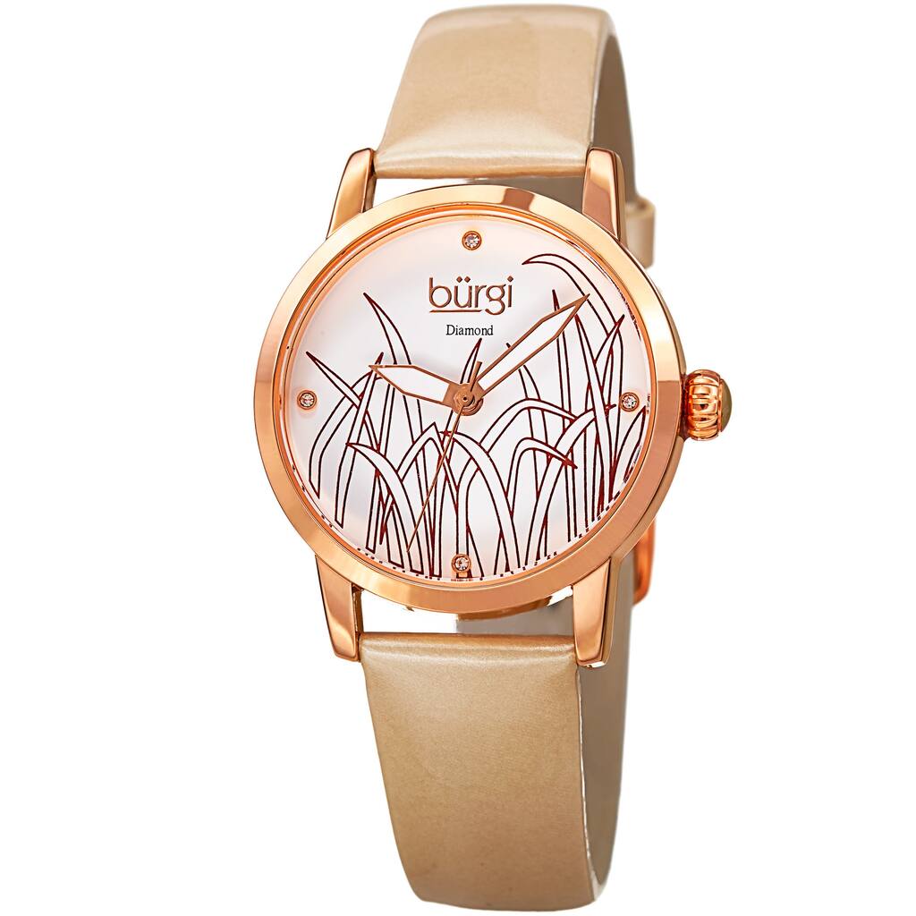 Burgi Women's Diamond Reed Design Dial Rose-Tone/Cream Leather Strap Watch
