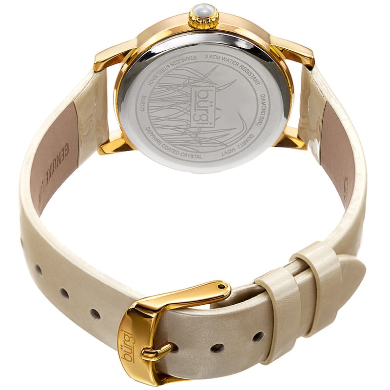 Burgi Women's Diamond Reed Design Dial Gold-Tone/White Leather Strap Watch