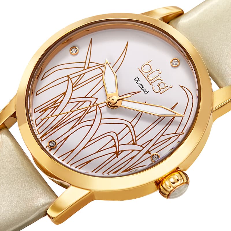 Burgi Women's Diamond Reed Design Dial Gold-Tone/White Leather Strap Watch