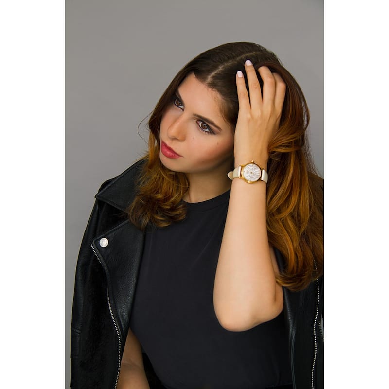 Burgi Women's Diamond Reed Design Dial Gold-Tone/White Leather Strap Watch