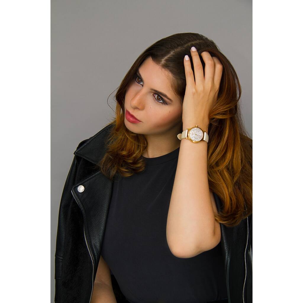 Burgi Women's Diamond Reed Design Dial Gold-Tone/White Leather Strap Watch