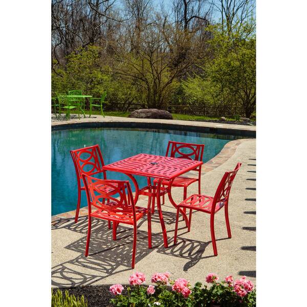 Shop Black Friday Deals On Lasso Candy Red Finish 31 5 Inch Square Cafe Table With Umbrella Hole And 4 Stackable Cafe Chairs Set Overstock 14397978