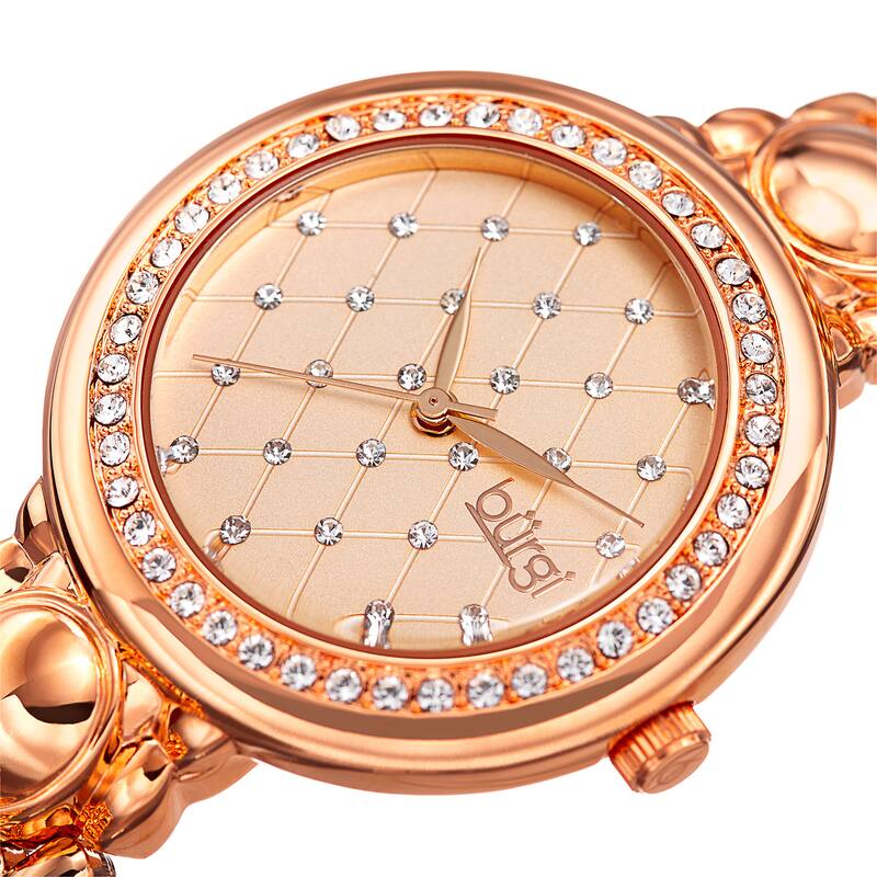 Burgi Women's Swarovski Crystal Diamond Patterned Elegant Rose-Tone Bracelet Watch