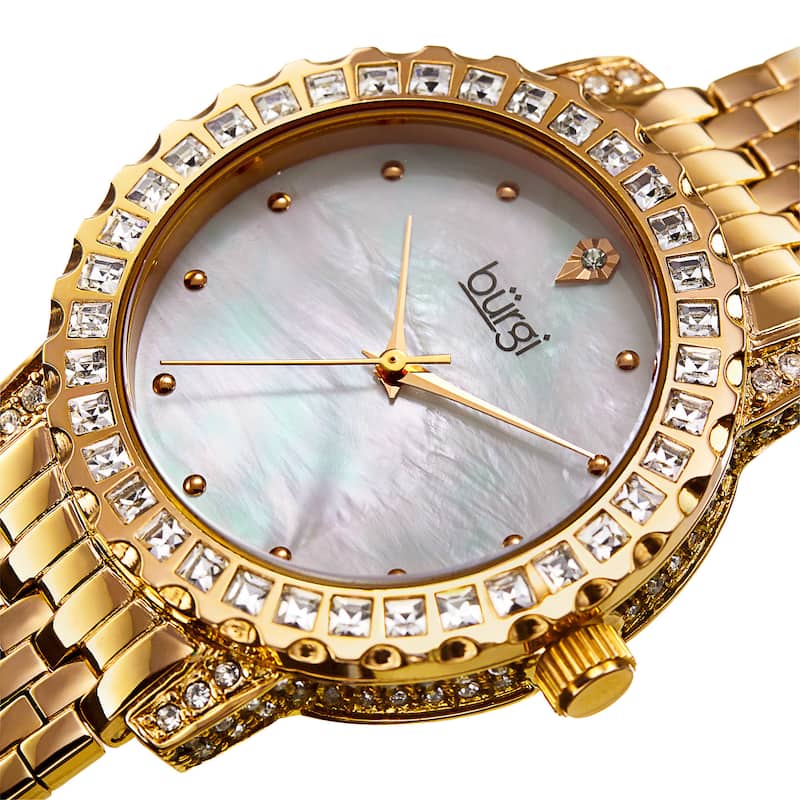 Burgi Women's Sparkling Czech Crystal Gold-Tone Brick Road Bracelet Watch