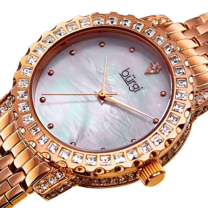 Burgi Women's Sparkling Czech Crystal Rose-Tone Brick Road Bracelet Watch