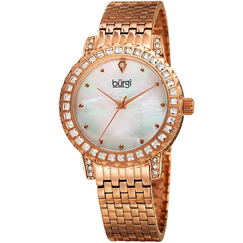 Burgi Women's Sparkling Czech Crystal Rose-Tone Brick Road Bracelet Watch