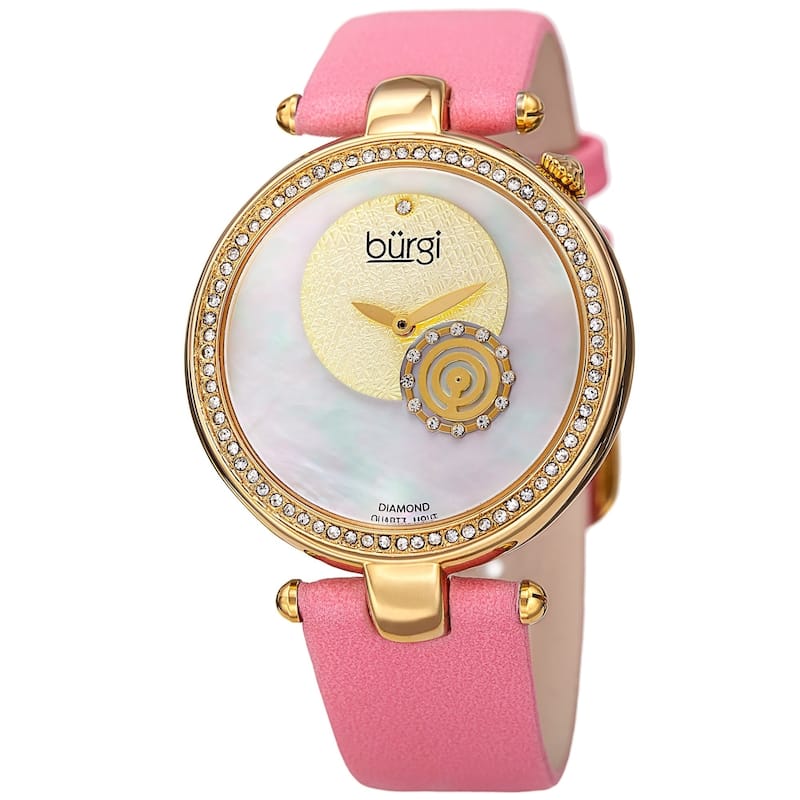 Burgi Women's Sparkling Diamond Crystal Gold-Tone/ Pink Leather Strap Watch