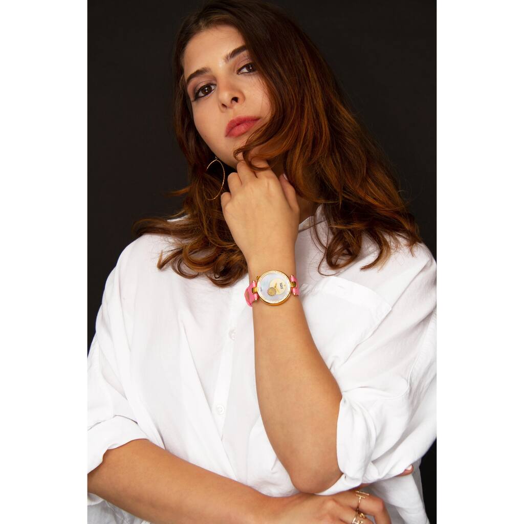 Burgi Women's Sparkling Diamond Crystal Gold-Tone/ Pink Leather Strap Watch