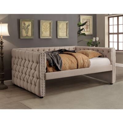 Maua Contemporary Ivory Fabric Tufted Nailhead Daybed by Furniture of America