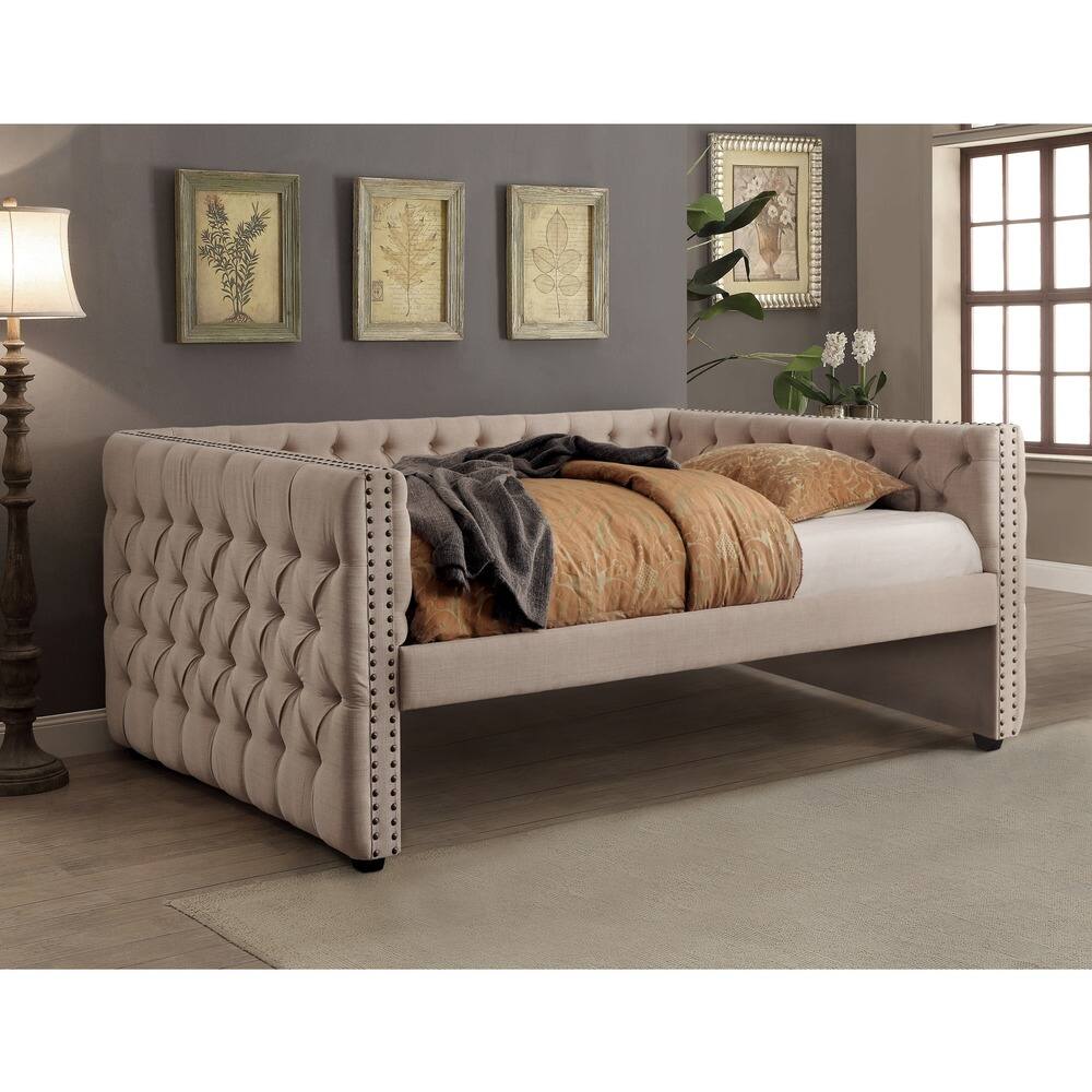 Maua Contemporary Ivory Fabric Tufted Nailhead Daybed by Furniture of America