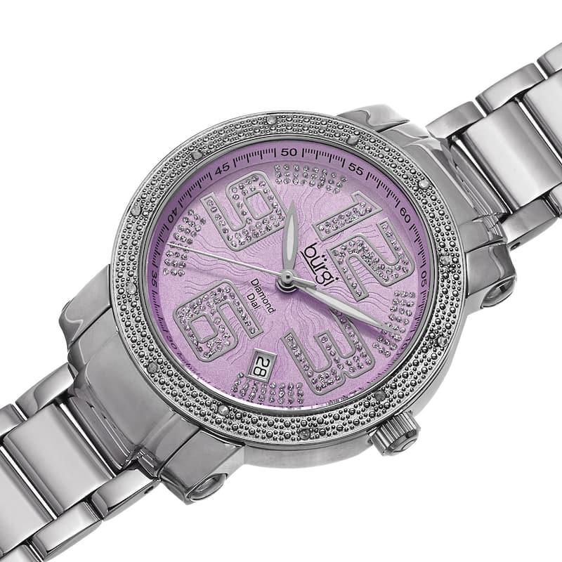 Burgi Women's Diamond Crystal Stainless Steel Purple/ Silver-Tone Bracelet Watch