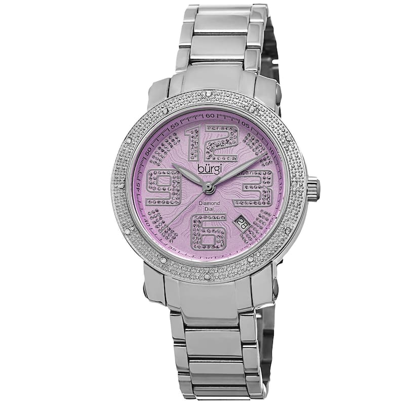 Burgi Women's Diamond Crystal Stainless Steel Purple/ Silver-Tone Bracelet Watch