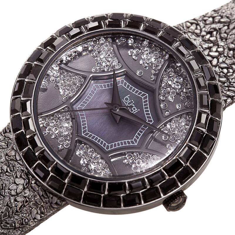 Burgi Women's Emerald-Cut & Floating Crystals Black Brass Bracelet Watch