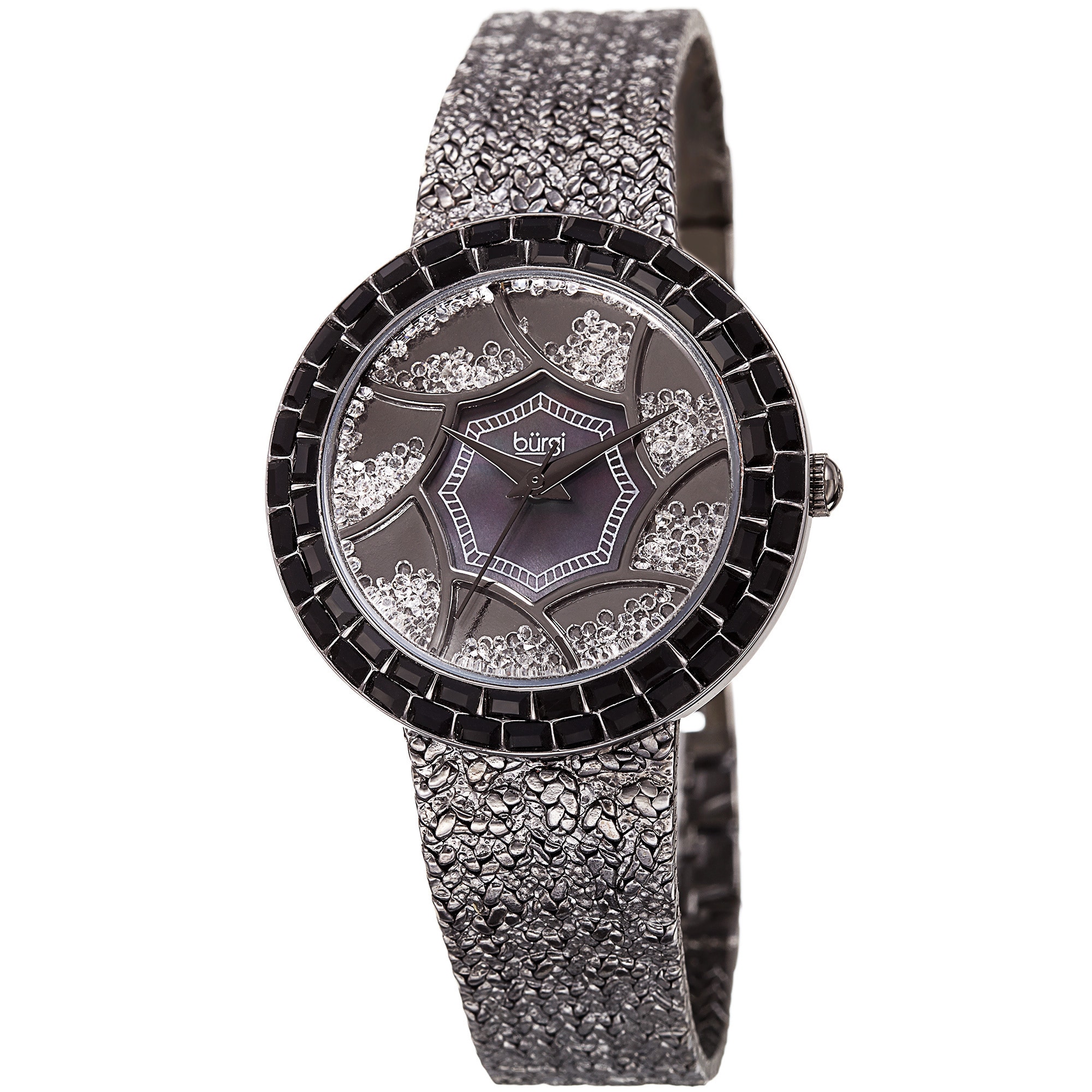 Burgi Women's Emerald-Cut & Floating Crystals Black Brass Bracelet Watch