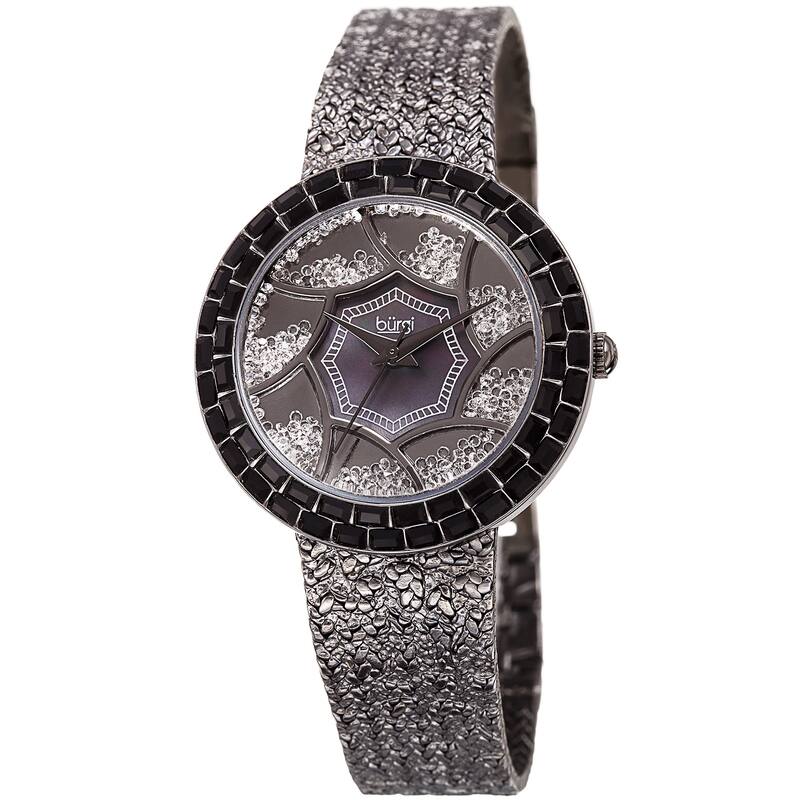 Burgi Women's Emerald-Cut & Floating Crystals Black Brass Bracelet Watch