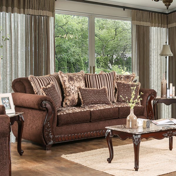 slide 2 of 10, Fova Traditional Fabric Upholstered Rolled Arms Sofa by Furniture of America Brown