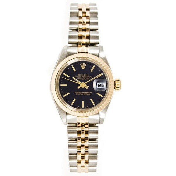 Women's Pre-owned Rolex Stainless Steel & 18K Gold Jubilee Bracelet, Gold Fluted Bezel & Black Index Dial