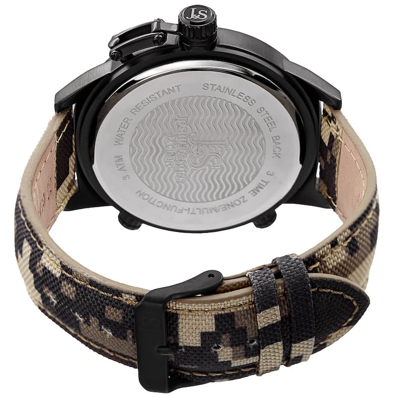 Joshua & Sons Men's Multifunction Triple Time Camouflage Brown Canvas Strap Watch