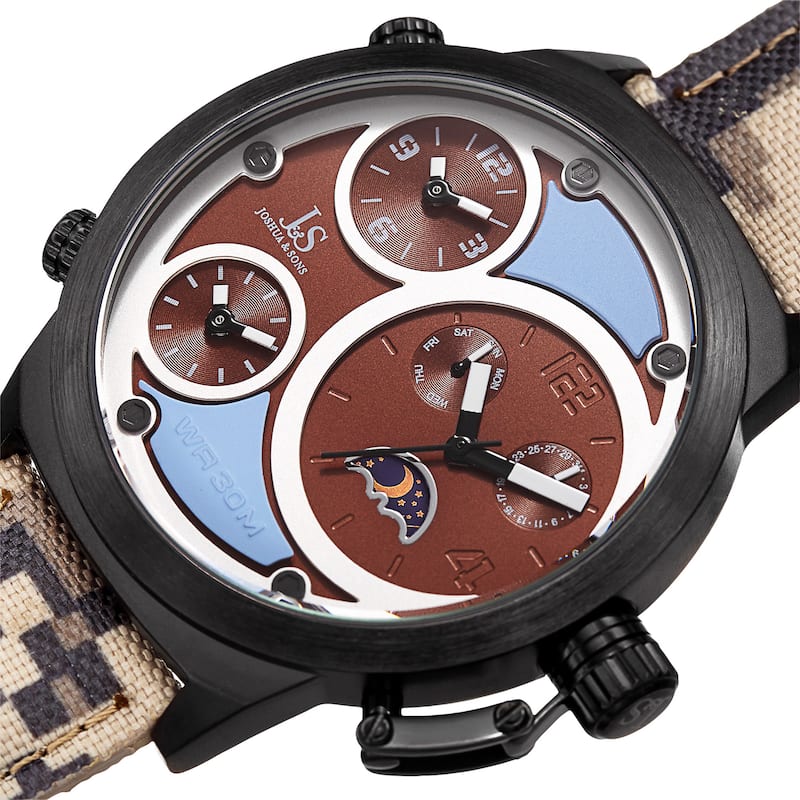 Joshua & Sons Men's Multifunction Triple Time Camouflage Brown Canvas Strap Watch