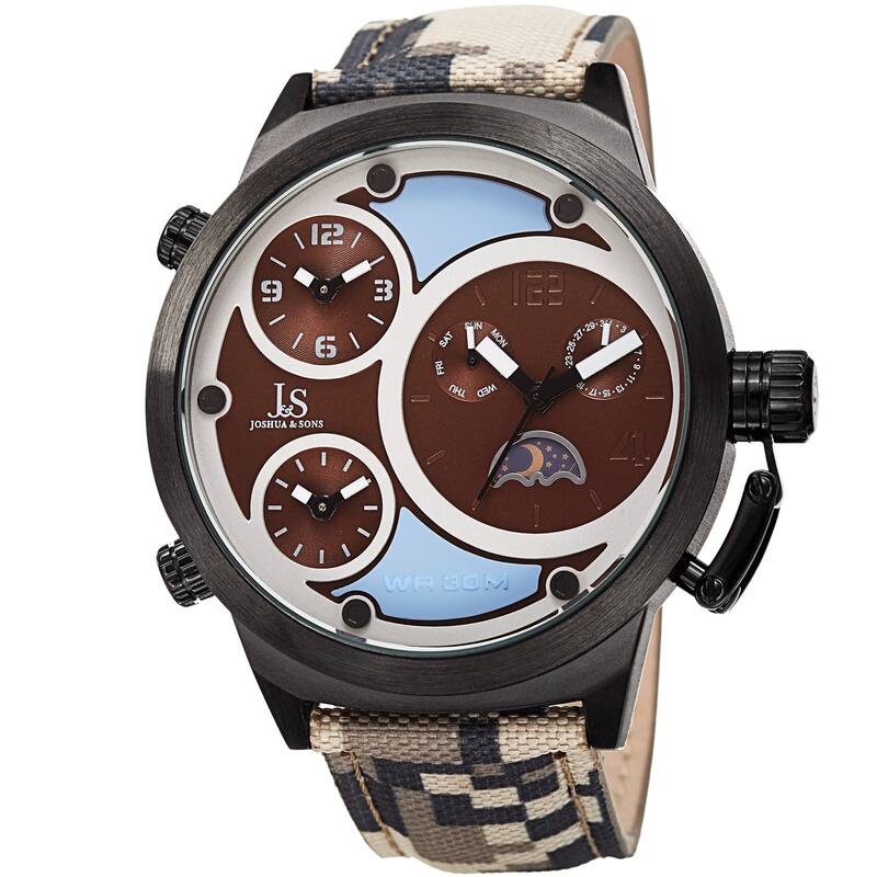 Joshua & Sons Men's Multifunction Triple Time Camouflage Brown Canvas Strap Watch
