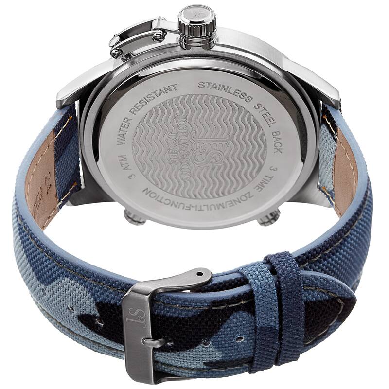 Joshua & Sons Men's Multifunction Triple Time Camouflage Blue Canvas Strap Watch