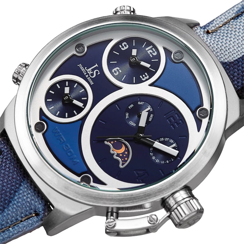 Joshua & Sons Men's Multifunction Triple Time Camouflage Blue Canvas Strap Watch