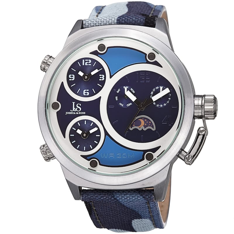 Joshua & Sons Men's Multifunction Triple Time Camouflage Blue Canvas Strap Watch