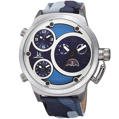 Joshua & Sons Men's Multifunction Triple Time Camouflage Blue Canvas Strap Watch