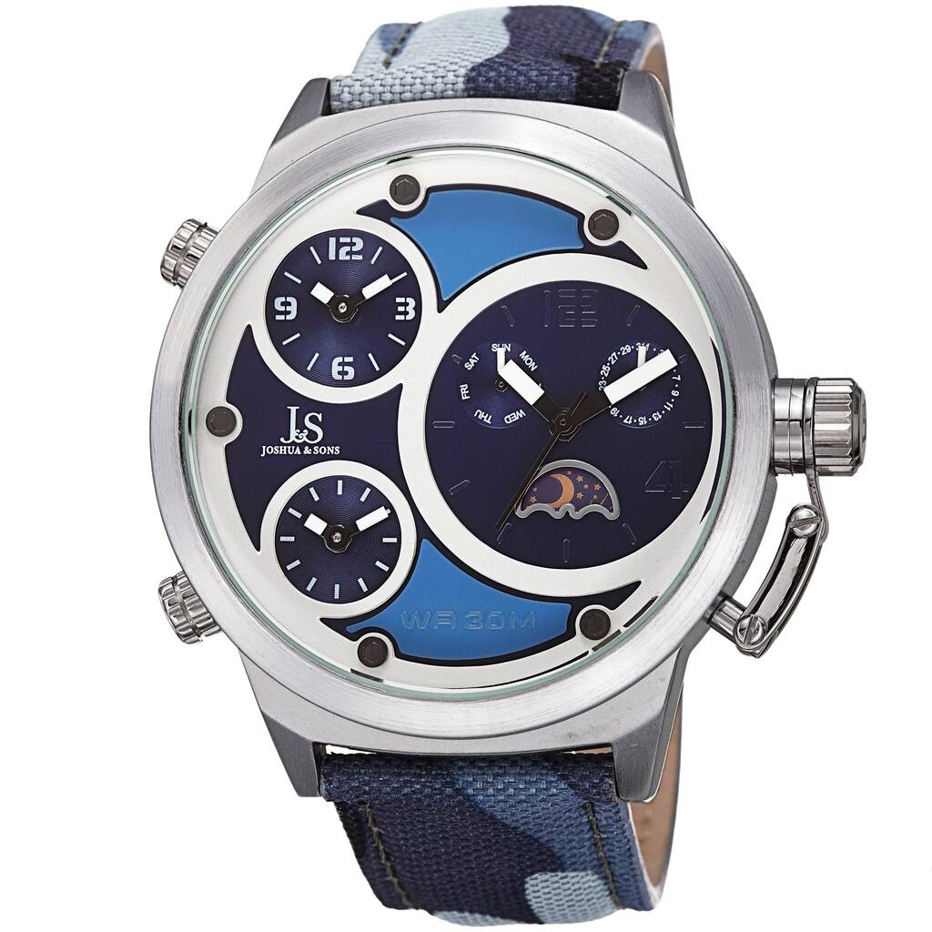 Joshua & Sons Men's Multifunction Triple Time Camouflage Blue Canvas Strap Watch