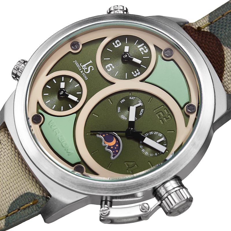 Joshua & Sons Men's Multifunction Triple Time Camouflage Green Canvas Strap Watch
