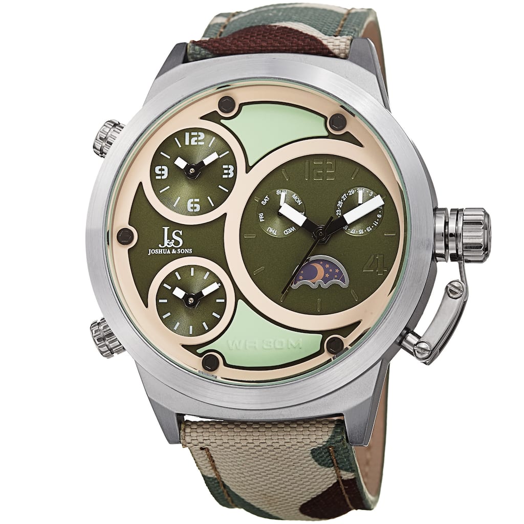 Joshua & Sons Men's Multifunction Triple Time Camouflage Green Canvas Strap Watch
