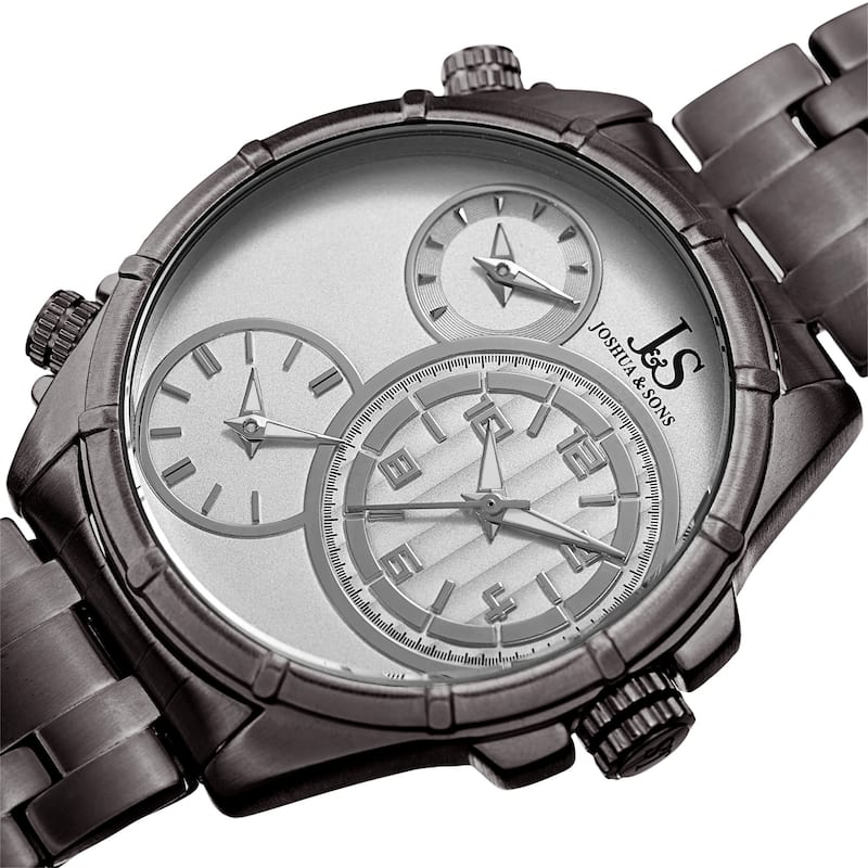 Joshua & Sons Men's Rugged Multifunction Triple Time Silver-Tone Stainless Steel Bracelet Watch