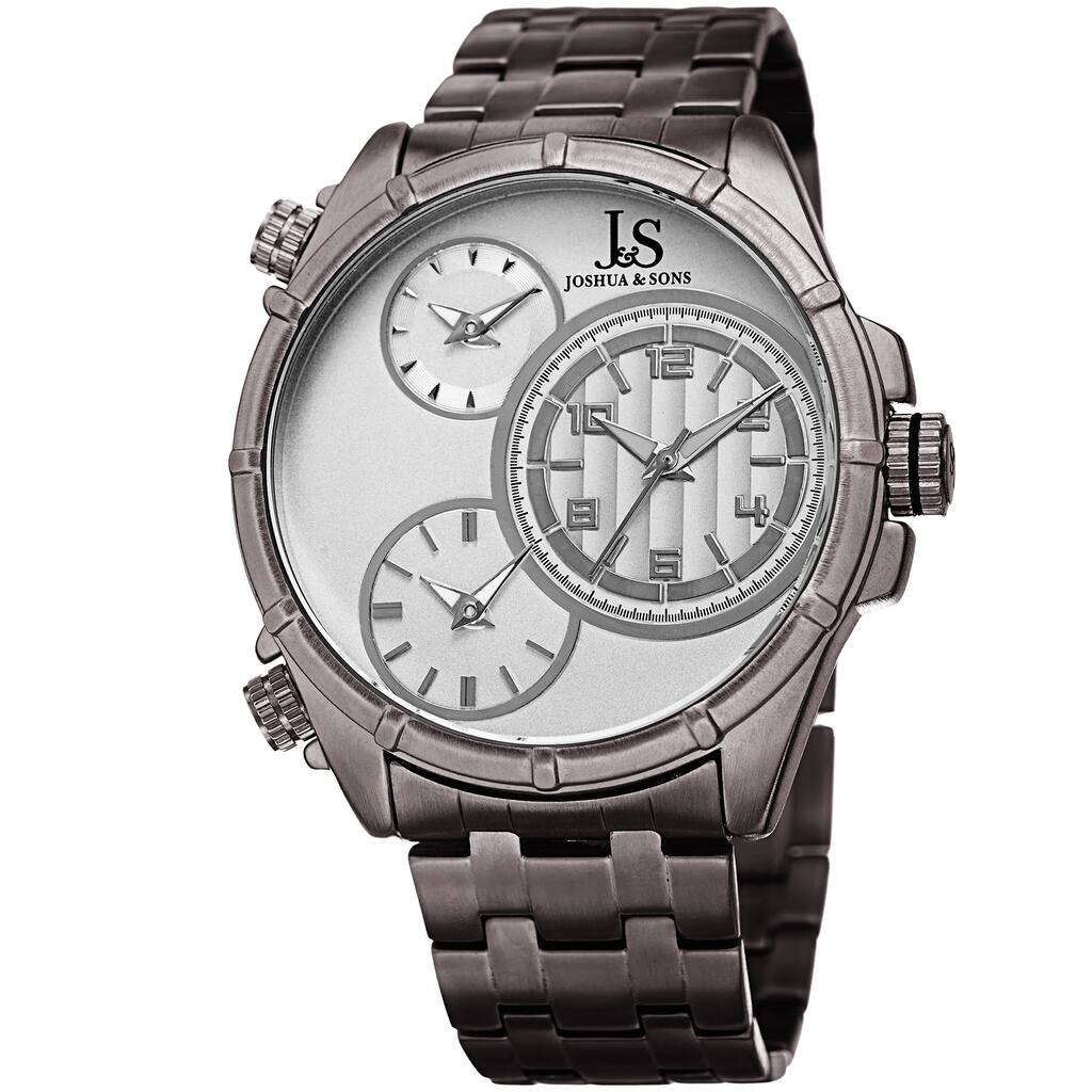 Joshua & Sons Men's Rugged Multifunction Triple Time Silver-Tone Stainless Steel Bracelet Watch