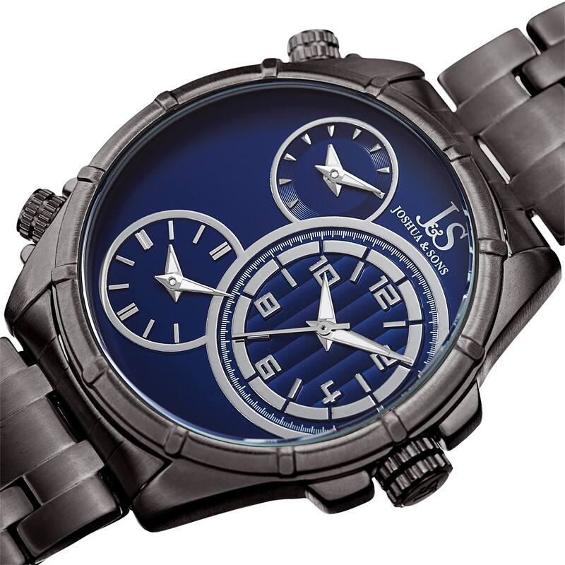 Joshua & Sons Men's Rugged Multifunction Triple Time Blue/Grey Stainless Steel Bracelet Watch