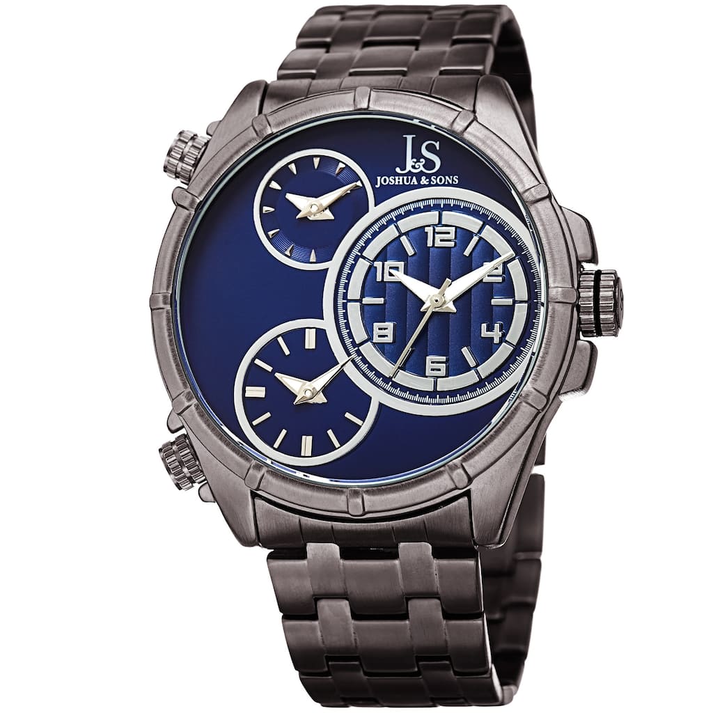 Joshua & Sons Men's Rugged Multifunction Triple Time Blue/Grey Stainless Steel Bracelet Watch