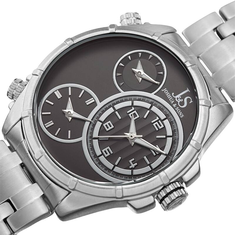 Joshua & Sons Men's Rugged Multifunction Triple Time Black/Silver-Tone Stainless Steel Bracelet Watc