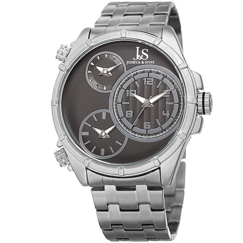 Joshua & Sons Men's Rugged Multifunction Triple Time Black/Silver-Tone Stainless Steel Bracelet Watc